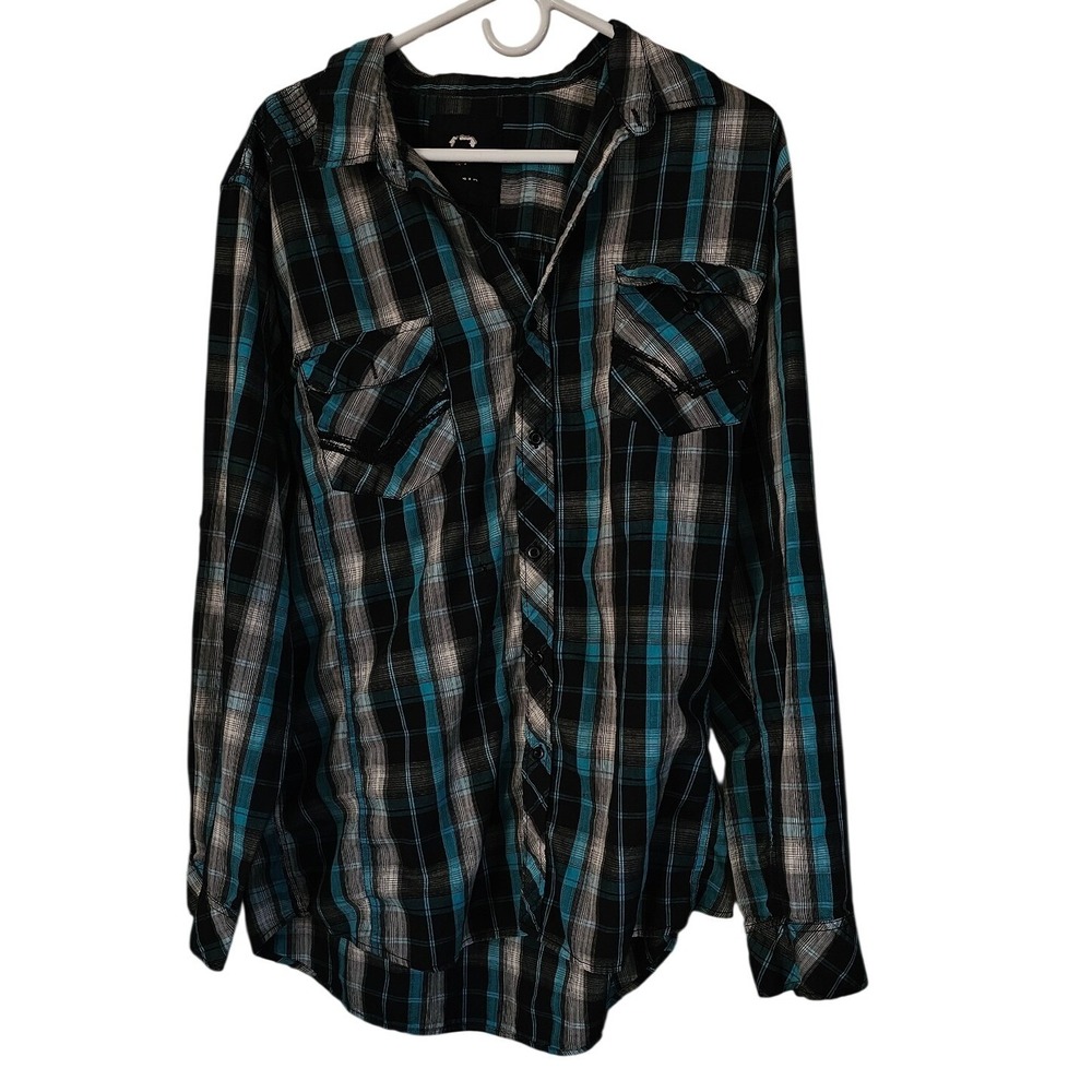 Rock & Republic Mens Long Sleeve Plaid Button Shirt Teal Black White Large #432